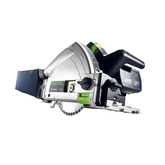 Cordless track saw with silver metal body, black and green accents, designed for precision cutting in power tools collection