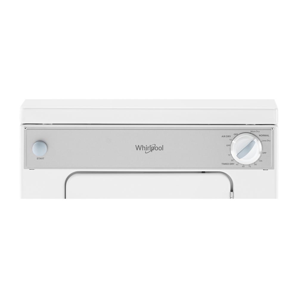 Close-up of white Whirlpool compact front load dryer control panel with start button and timer knob for flexible installation