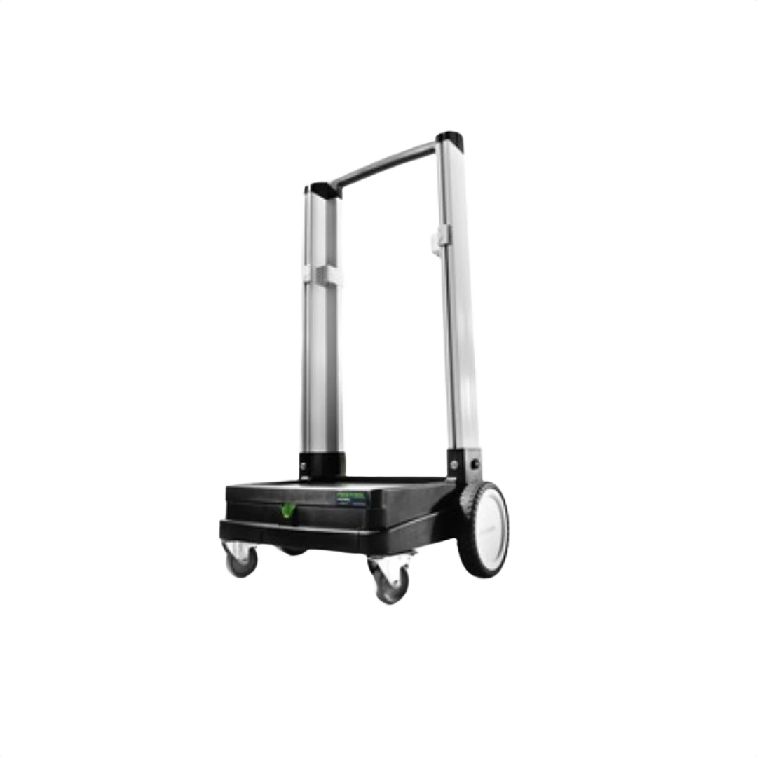 Compact black and silver storage dolly with large wheels for easy transport in workshop organization and tool carts collections