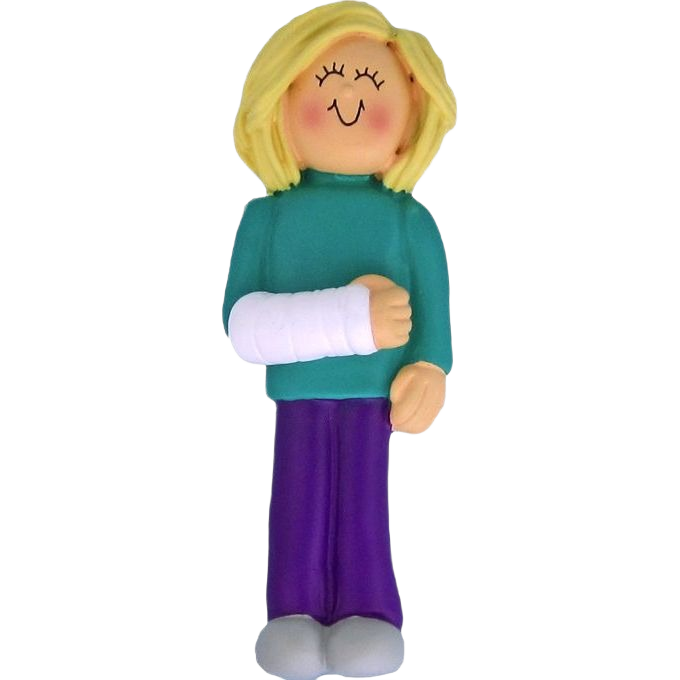Blonde female figure ornament with arm cast wearing teal top and purple pants in Christmas decorations under $50 collection