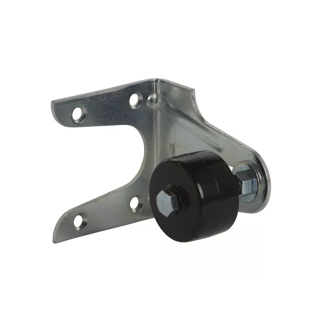 Zinc-plated steel stay roller with black Derlin wheel for barn door support in hardware and barn door hardware collections under $50