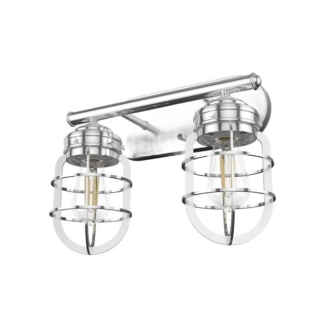Chrome finished two-light vanity fixture with caged glass shades for bathroom and wall lighting collections