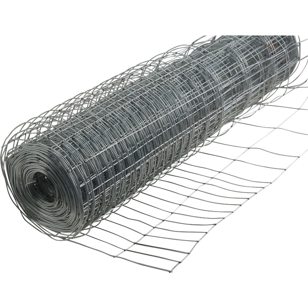 Roll of silver galvanized wire fencing with small rectangular openings for outdoor home improvement use