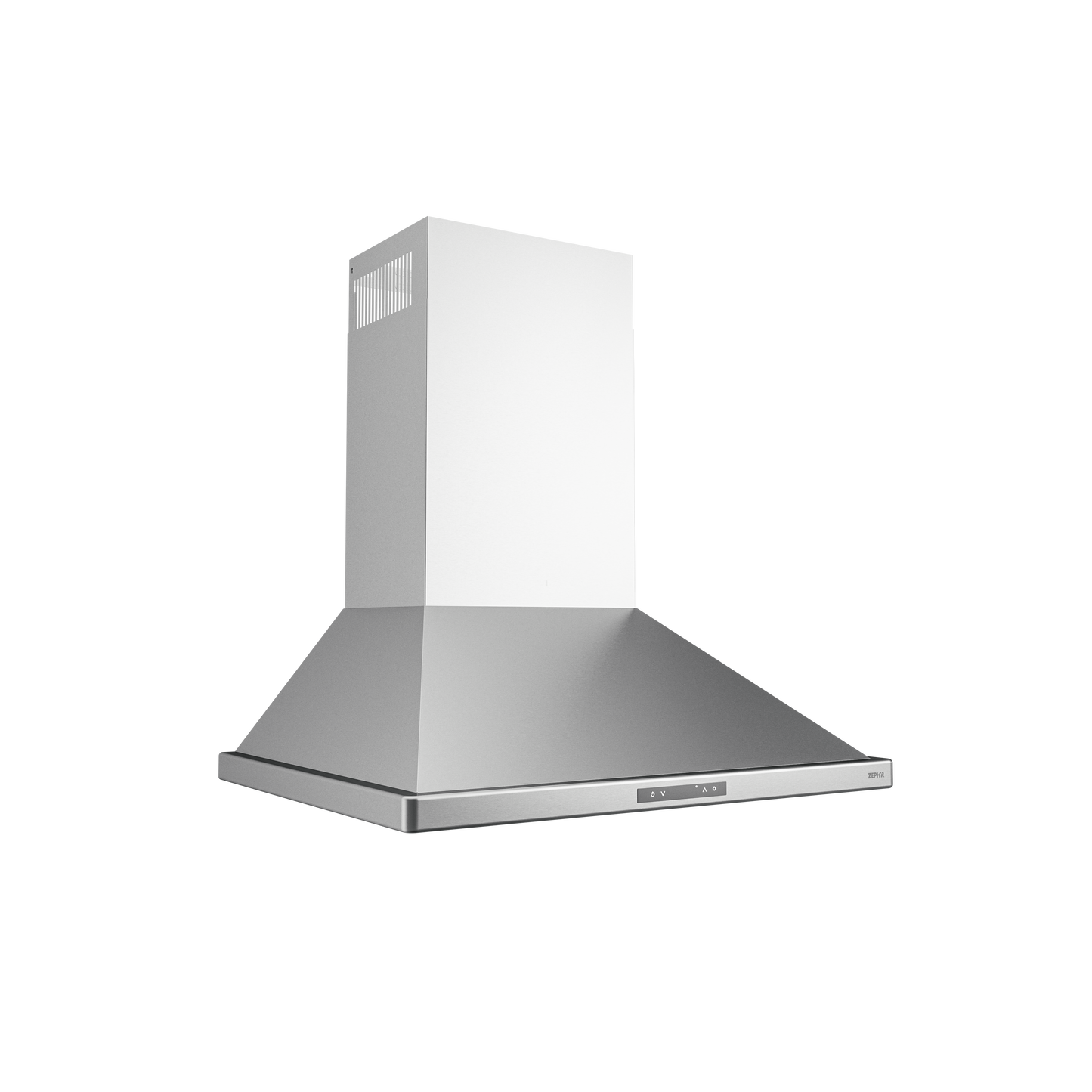Stainless steel pyramid chimney hood with LED controls for kitchen and over the range hood appliances collection