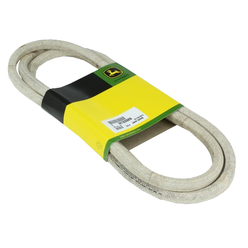 Beige mower deck drive V-belt with John Deere label, part of automotive tools and parts for lawn equipment maintenance