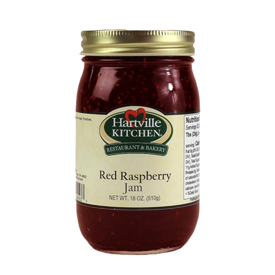 Glass jar of Hartville Kitchen red raspberry jam with gold lid for jams and jellies in food and beverage collections