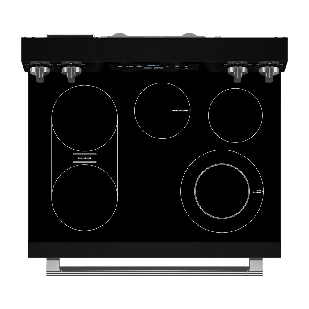 Black electric cooktop with five heating elements and metallic control knobs in ranges and kitchenware collections