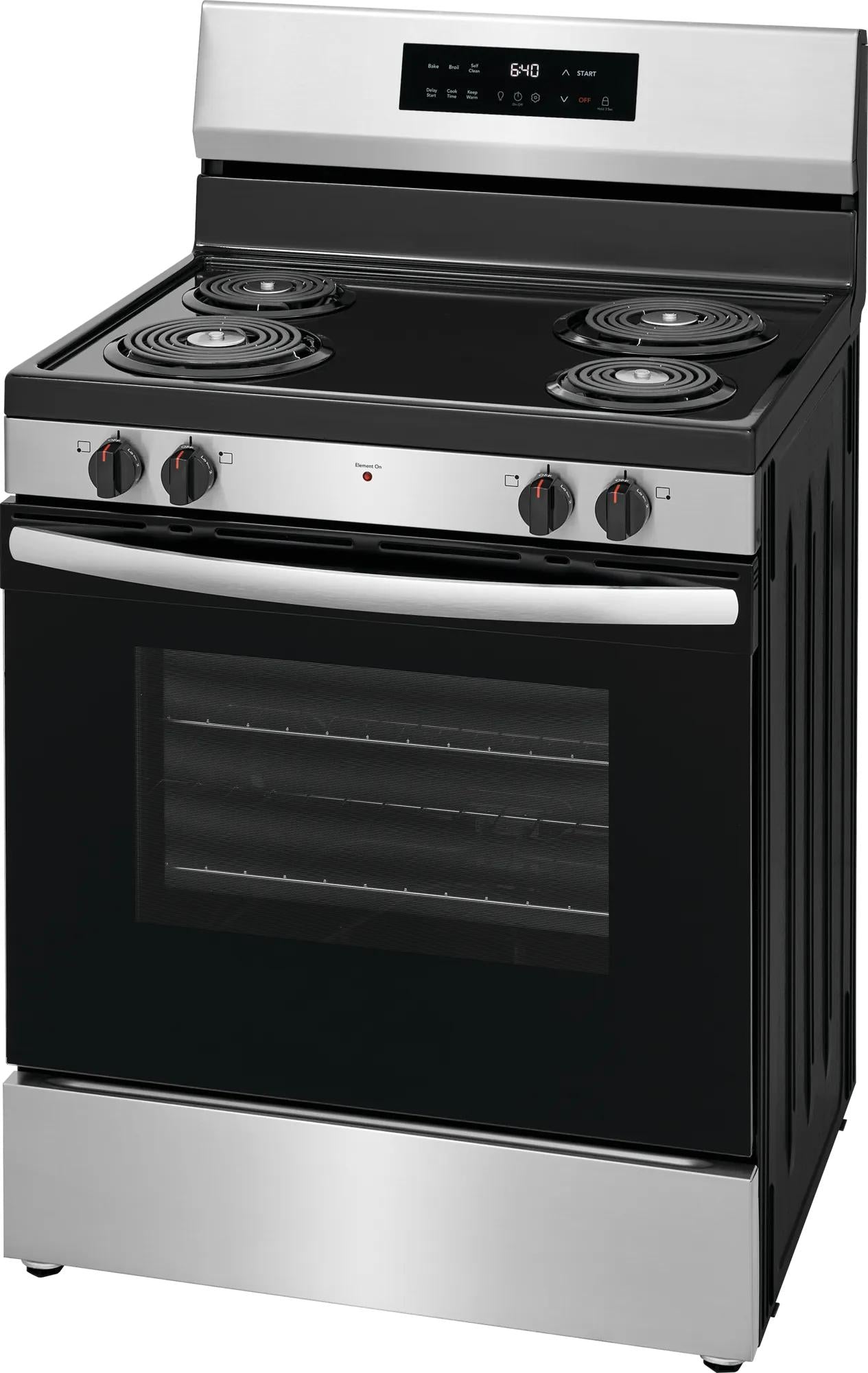 freestanding electric range with coil burners, digital control panel, and spacious oven in kitchen appliances collection