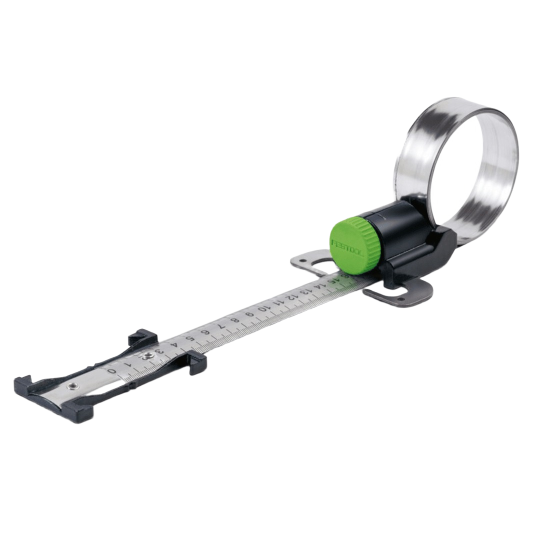 Adjustable circle cutting guide for jigsaws with steel band and precision measurement, tool accessory for home improvement.