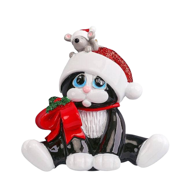 Black cat ornament with blue eyes wearing Santa hat and red bow, holding mouse, Christmas decor under $50 collection