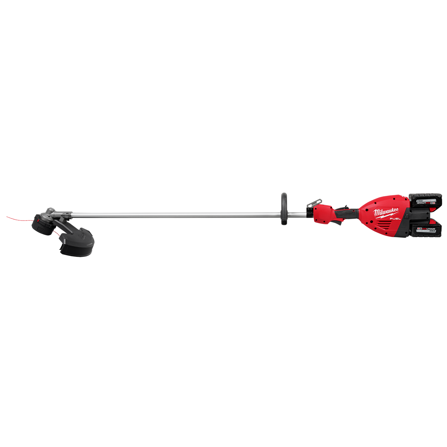 Red and black cordless string trimmer with dual batteries designed for efficient landscaping and tools and home improvement tasks