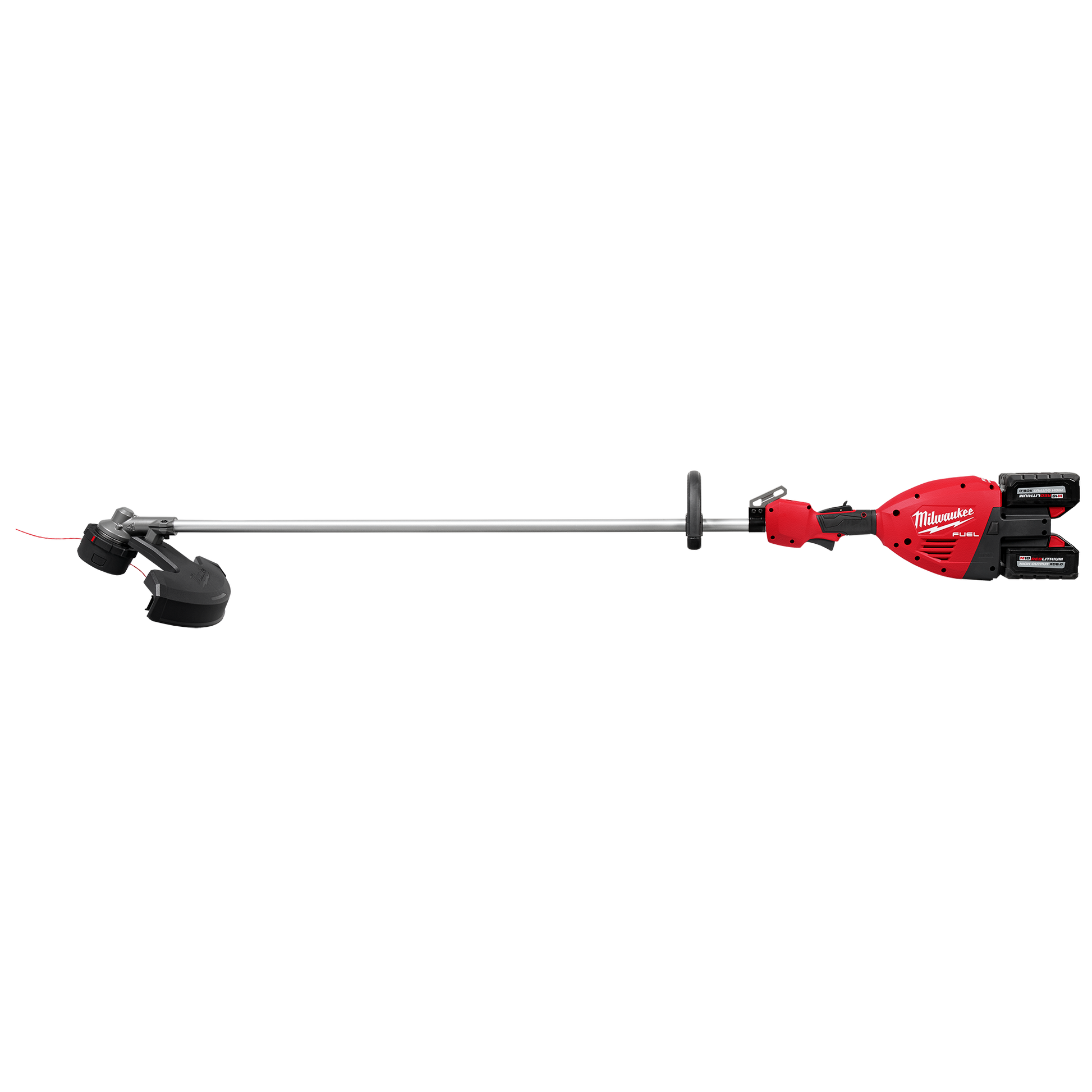 Red and black cordless string trimmer with dual batteries designed for efficient landscaping and tools and home improvement tasks
