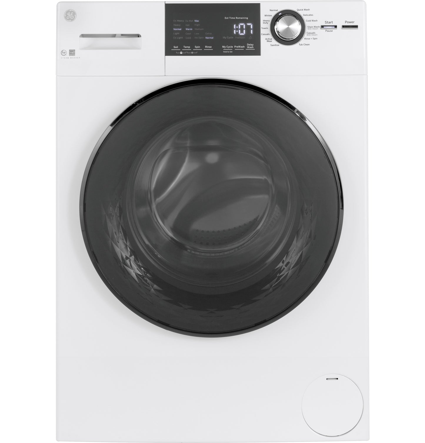 White front load washer with large black circular door and digital control panel in Washers & Dryers collection