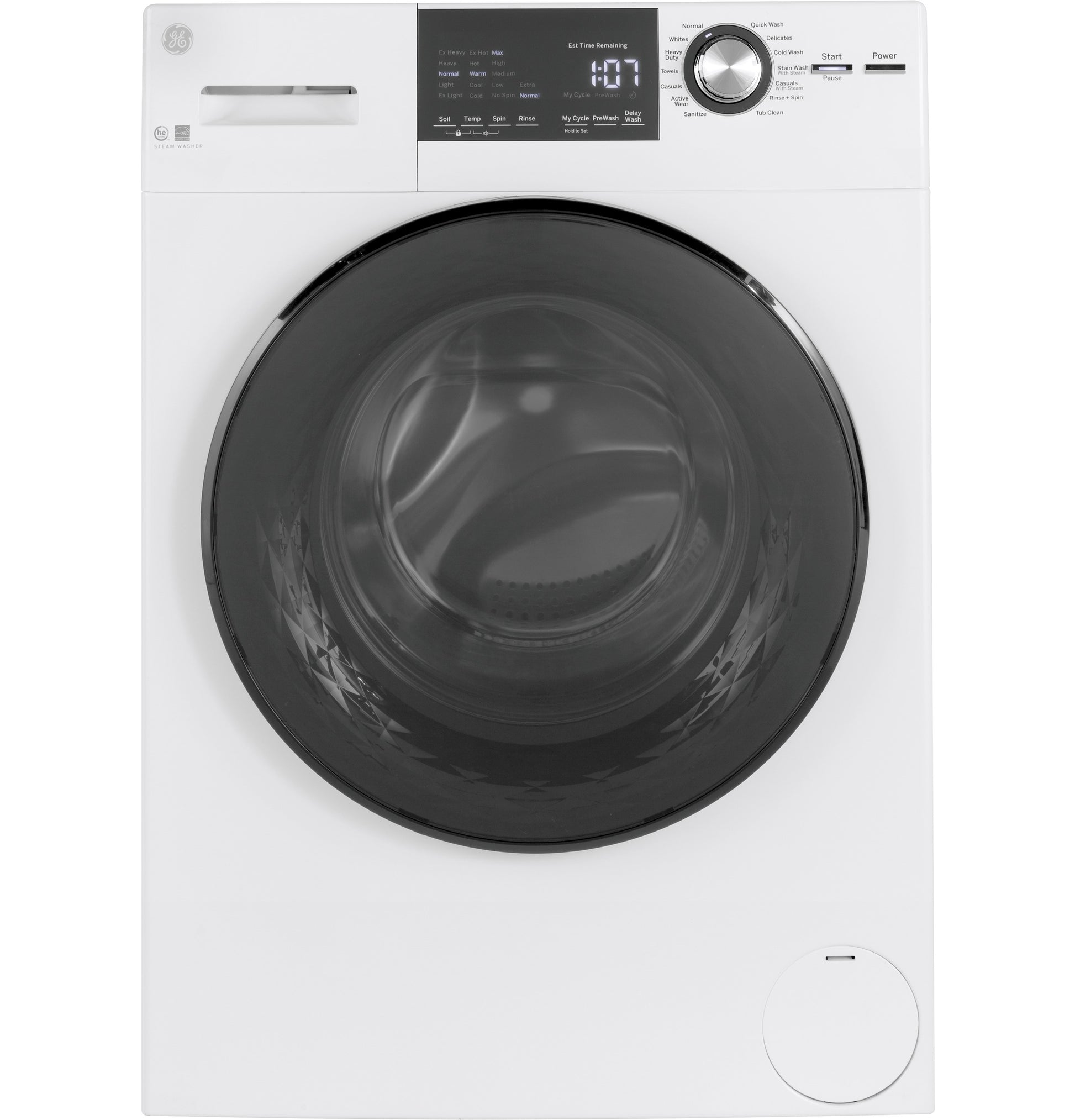 White front load washer with large black circular door and digital control panel in Washers & Dryers collection