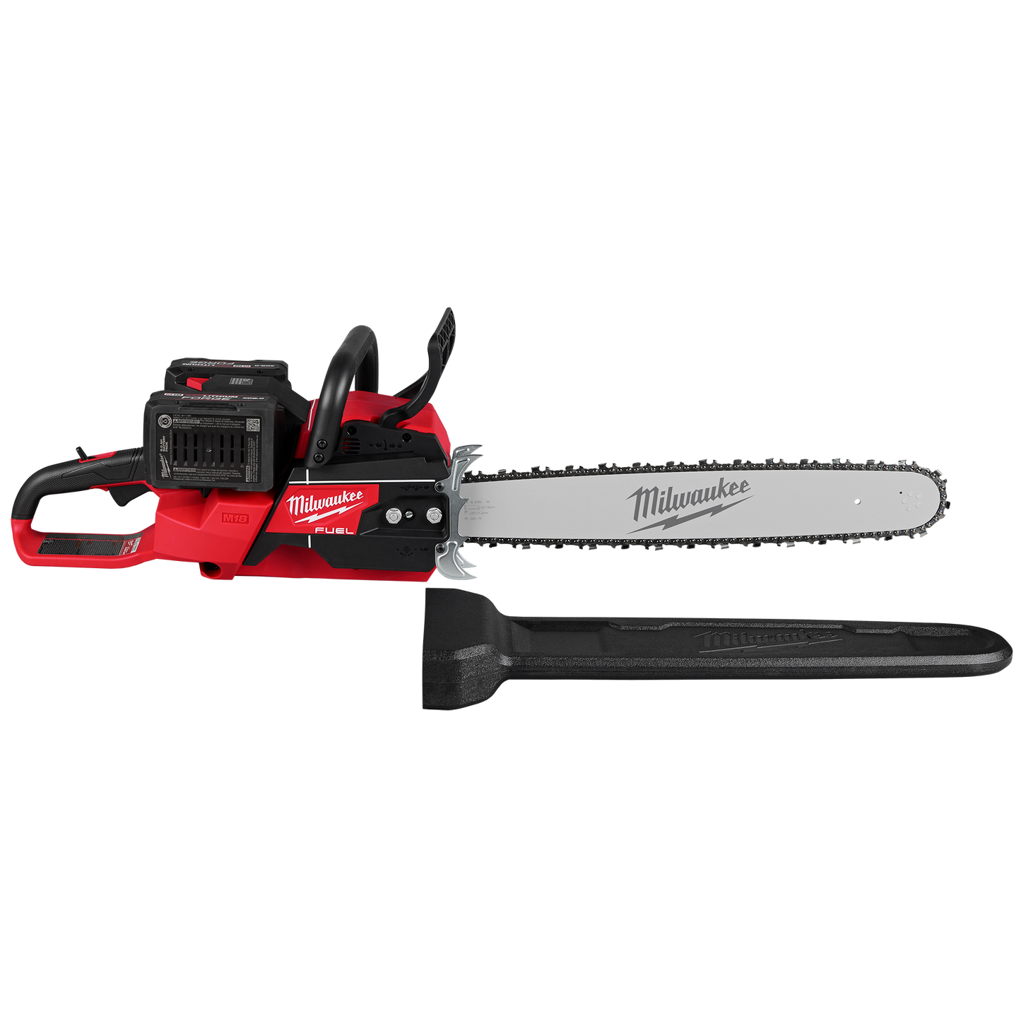 Red and black cordless chainsaw with 20-inch bar and dual battery design for home improvement and outdoor use