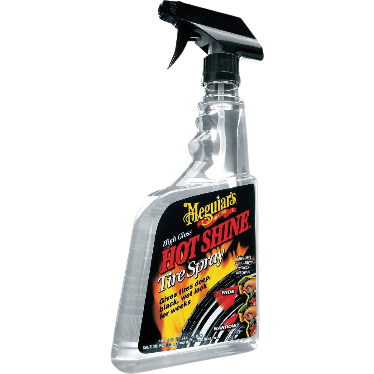 Clear plastic spray bottle of Meguiars Hot Shine tire spray for automotive tire care and maintenance