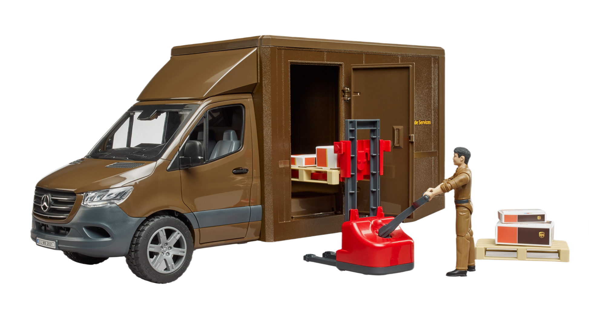 Brown Mercedes Sprinter toy with driver figure, pallet jack, and packages in Bruder Toys collection under $100