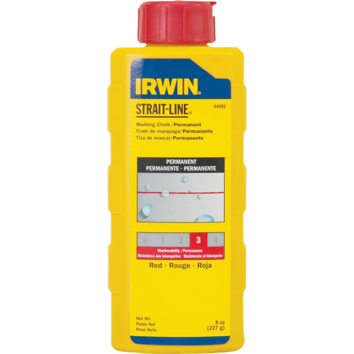 Yellow plastic bottle of red permanent chalk for use with chalk reels in woodworking and measuring tools collections