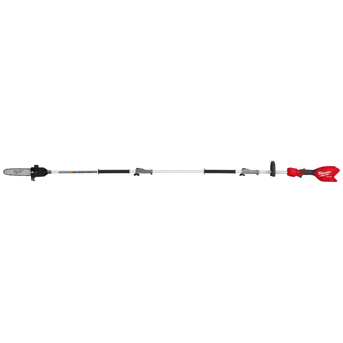 Cordless pole saw with red motor housing and aluminum telescoping shaft for outdoor tree pruning and home improvement tasks