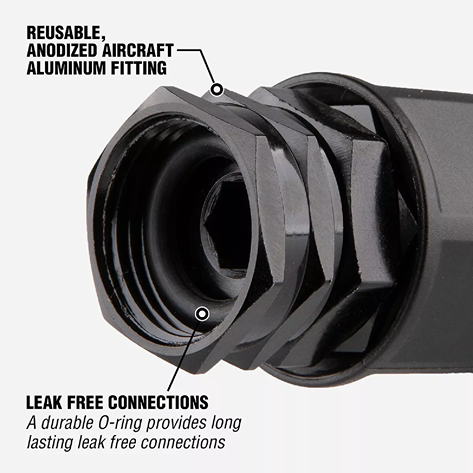 Close-up of black reusable anodized aluminum hose coupling with durable O-ring for leak-free watering and irrigation use
