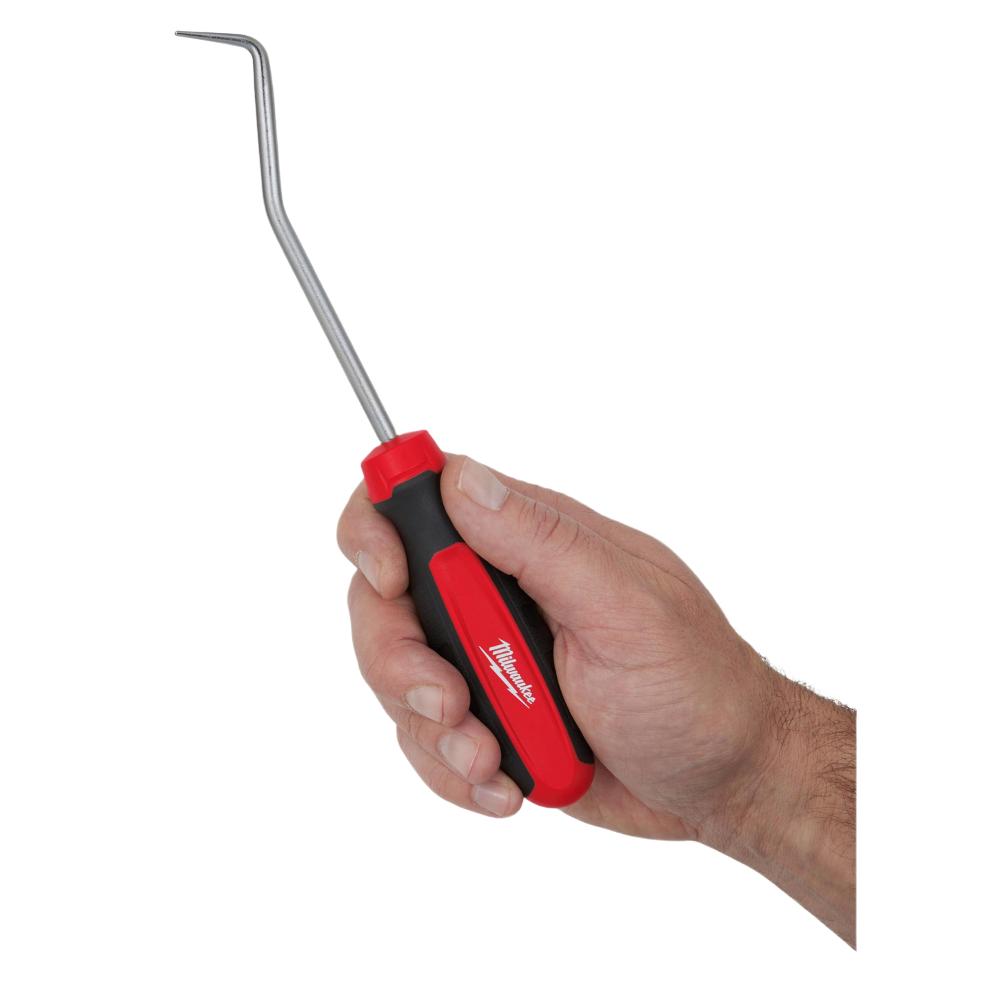 Ergonomic red and black Milwaukee hose pick tool with angled stainless steel shaft for home improvement tasks held in hand