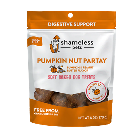 Resealable bag of pumpkin and peanut butter flavored soft baked dog treats with digestive support label