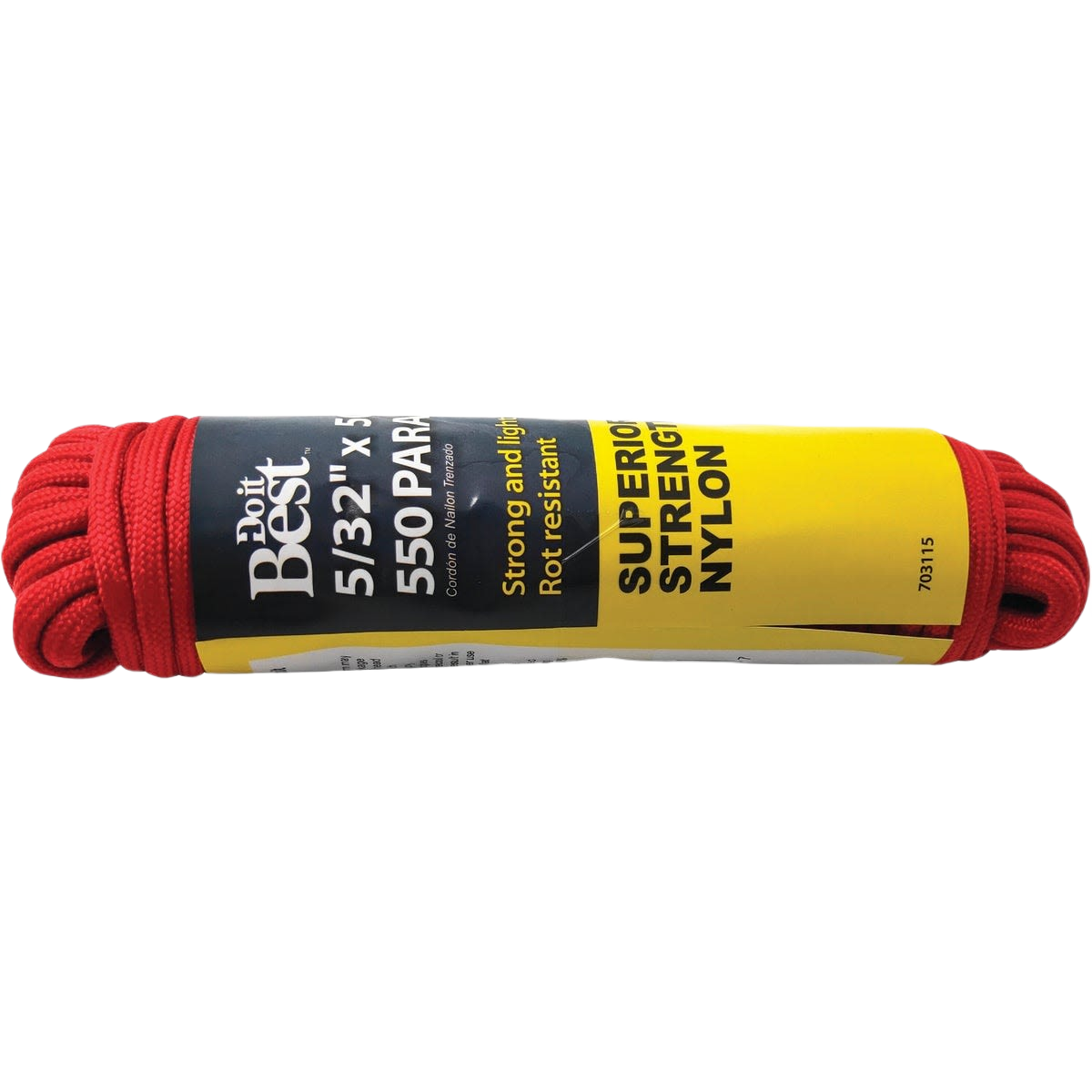 Red nylon paracord bundle labeled for strength and rot resistance, suitable for tools and home improvement tasks