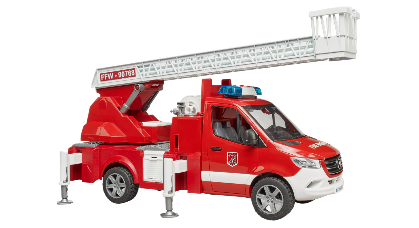 Red model fire engine with extendable ladder and stabilizing supports for tools and home improvement play