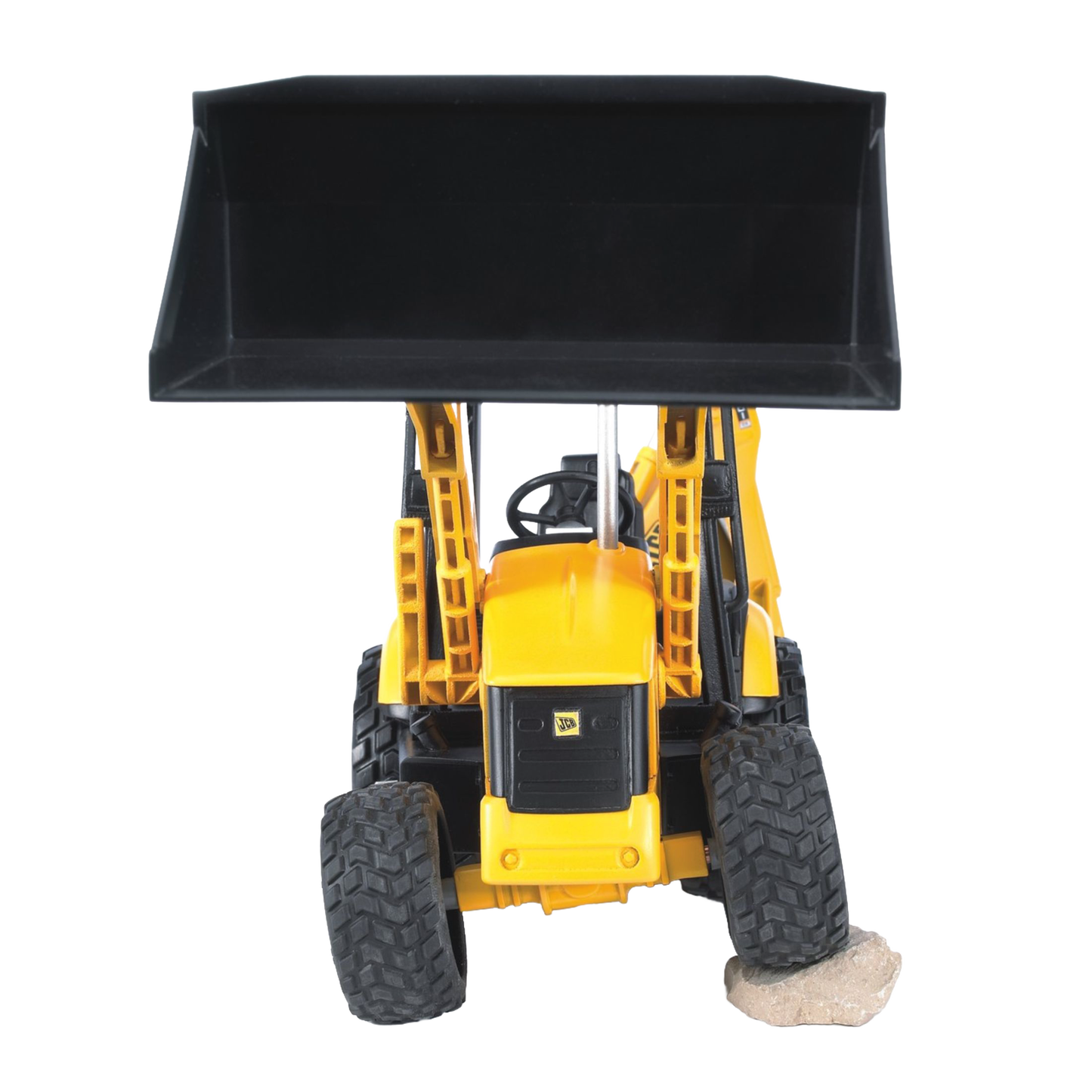 Front view of yellow and black 1:16 scale backhoe loader toy in Vehicles & Remote Controlled Toys collection