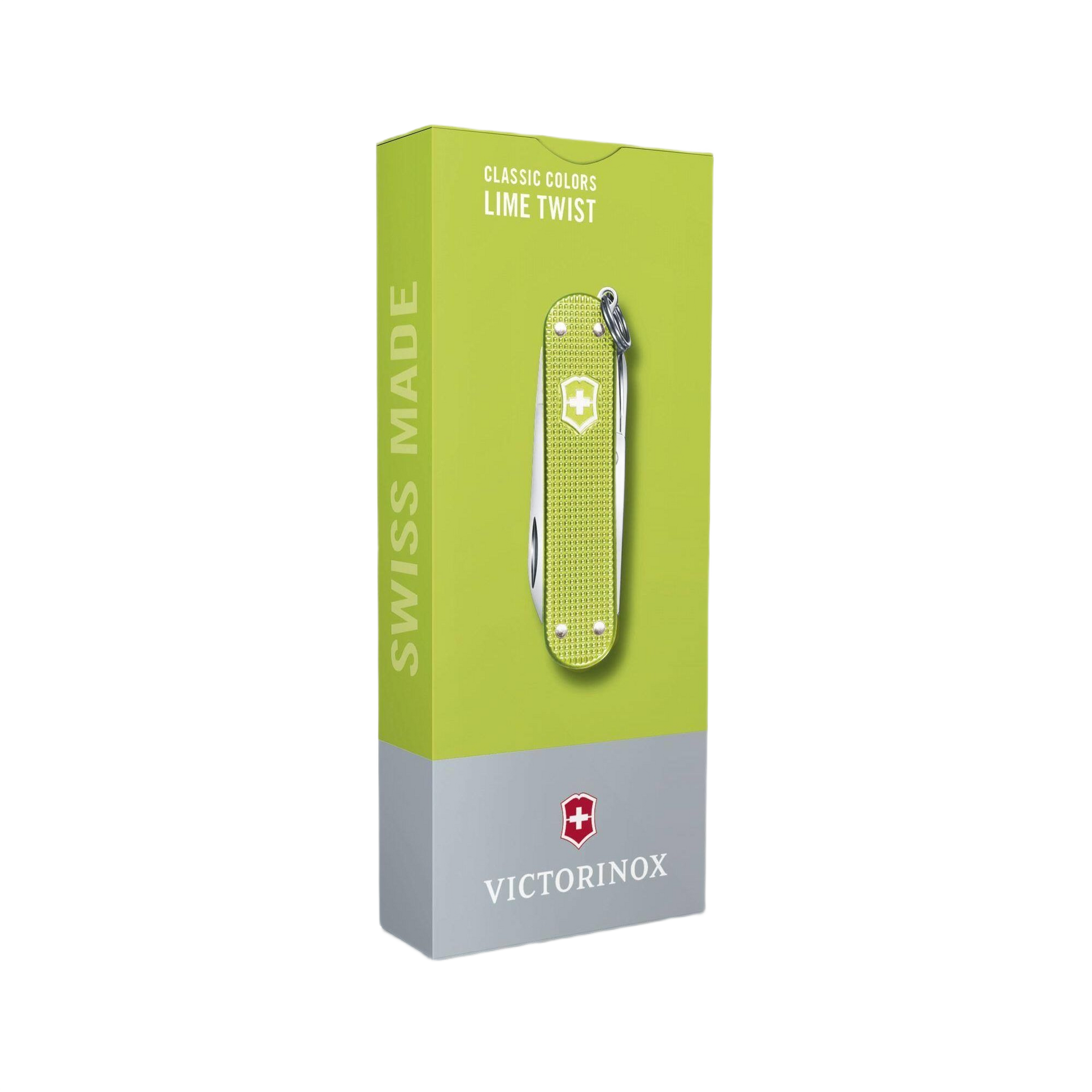 Slim lime green Swiss Army pocket knife packaging with multi-tool for cutting and woodworking hand tools under $50