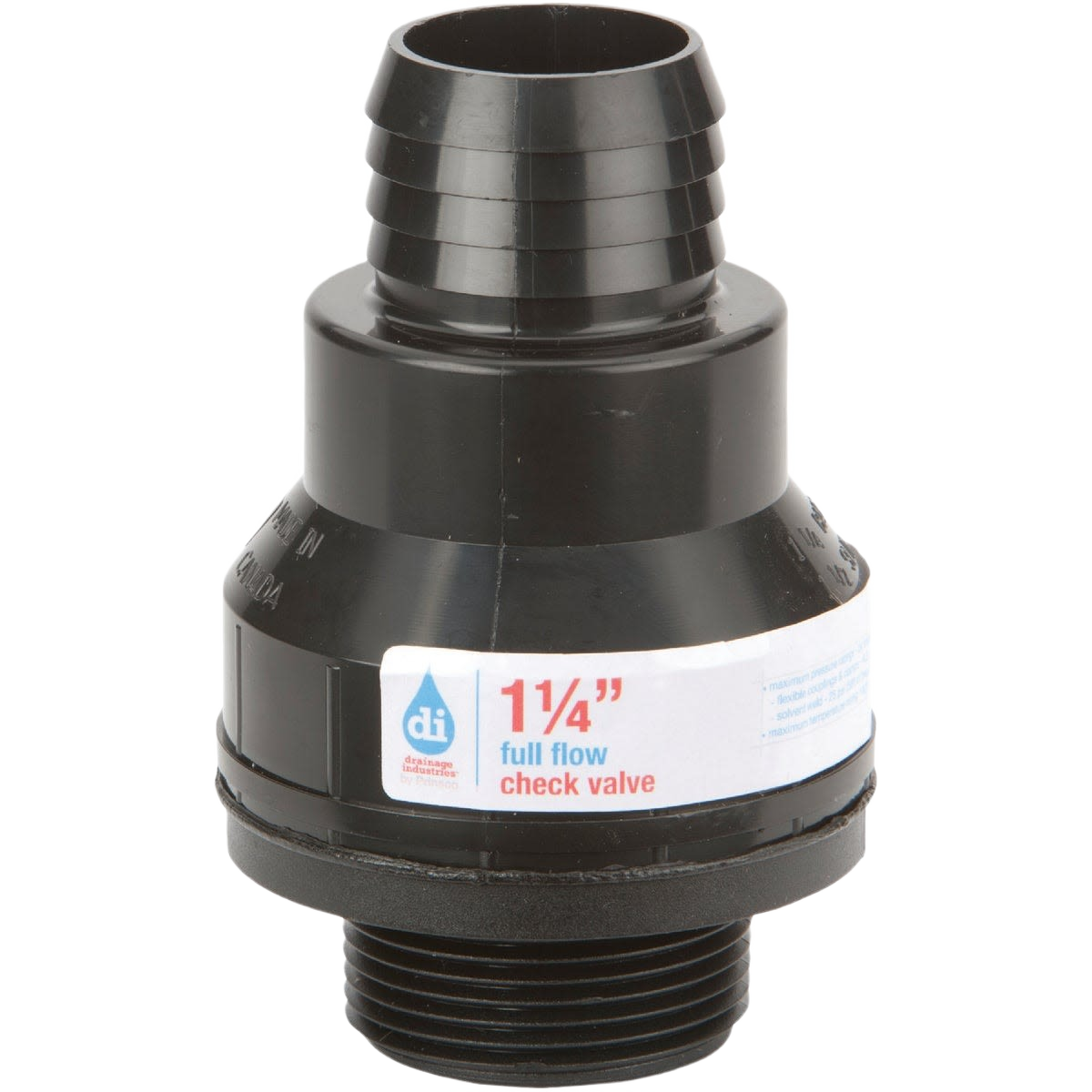 Black ABS thermoplastic check valve with threaded and barbed pipe connections for home improvement projects