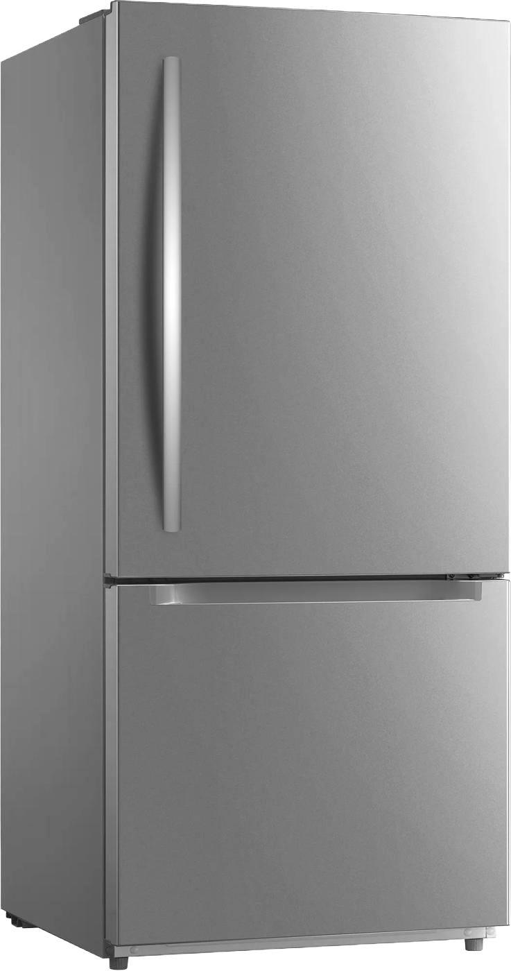 Stainless steel bottom freezer refrigerator with vertical and horizontal handles, designed for kitchen, appliances, and refrigerator collections.
