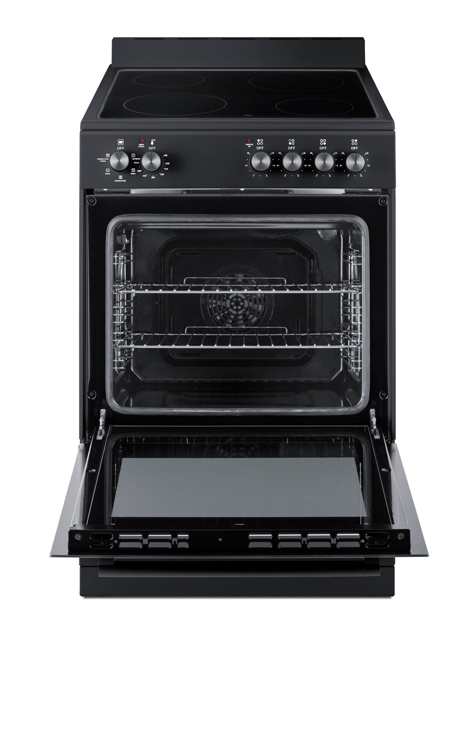 Open black electric smooth-top range with front control knobs and interior oven racks in kitchen appliance setting