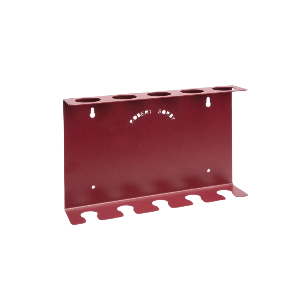 Red metal wall rack with five tool slots for woodworking tool storage in Robert Sorby collection under $100