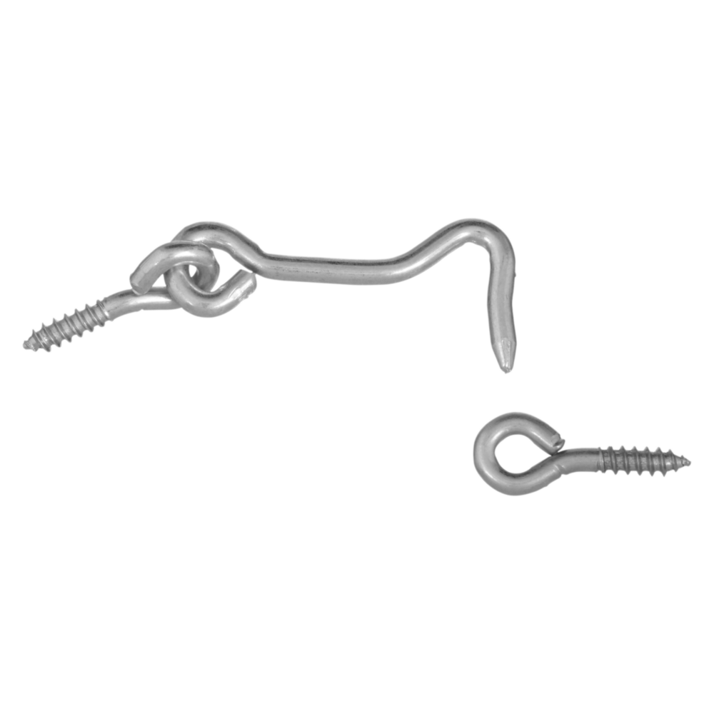 Steel hook and eye bolt set with threaded ends for fastening in hardware and fasteners collections