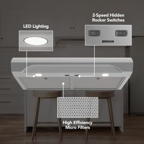 under cabinet stainless steel range hood with LED lights, rocker switches, and high efficiency micro filters for kitchen appliances