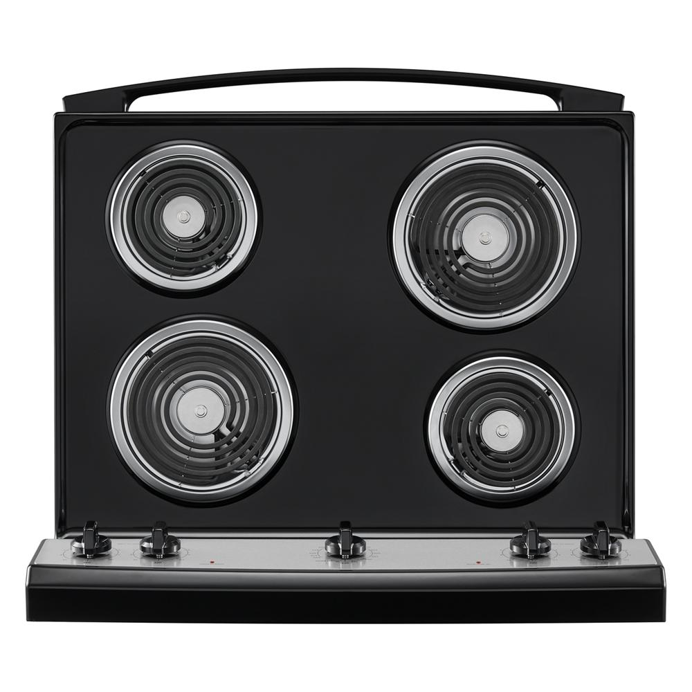 Top view of a black electric coil cooktop with four burners and front control knobs, suitable for kitchenware and home improvement collections.