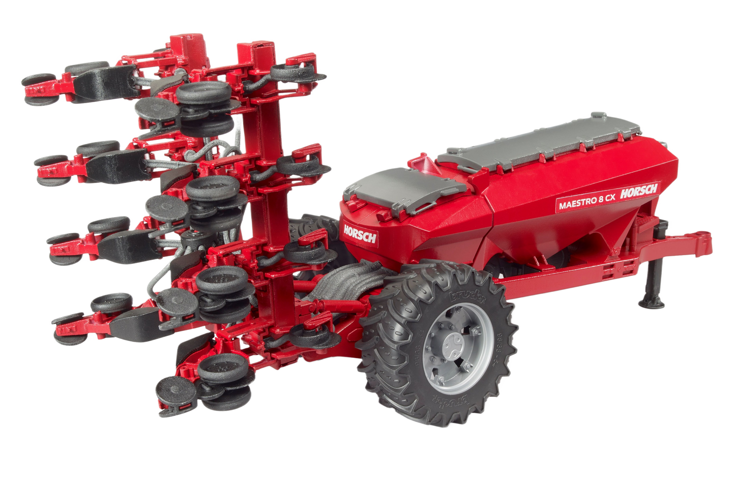 Red miniature agricultural seeder with multiple planting units and large rear wheels in Toys & Games collection under $100