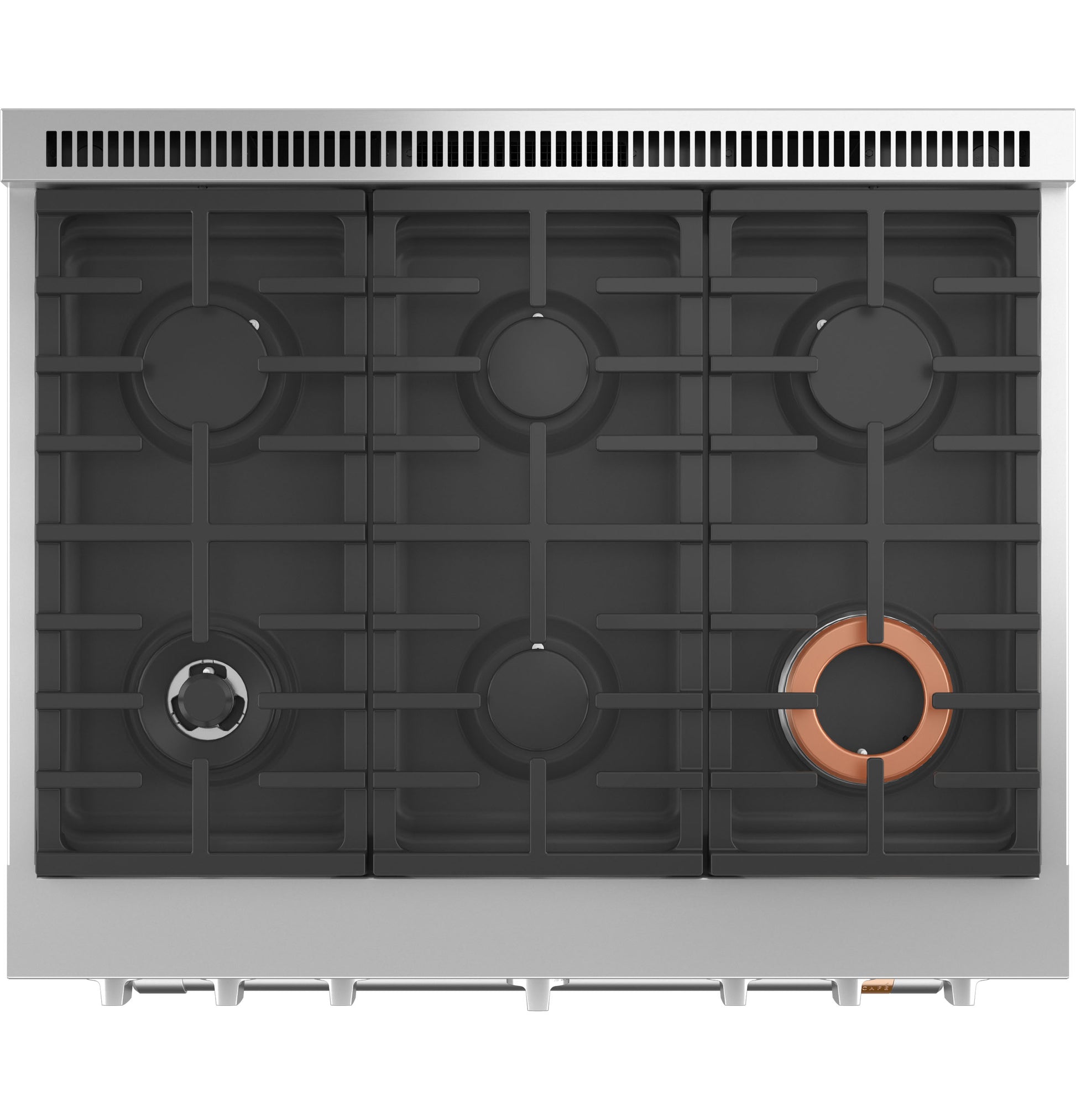Top view of stainless steel six-burner smart gas range with cast iron grates from Ranges & Kitchenware collections