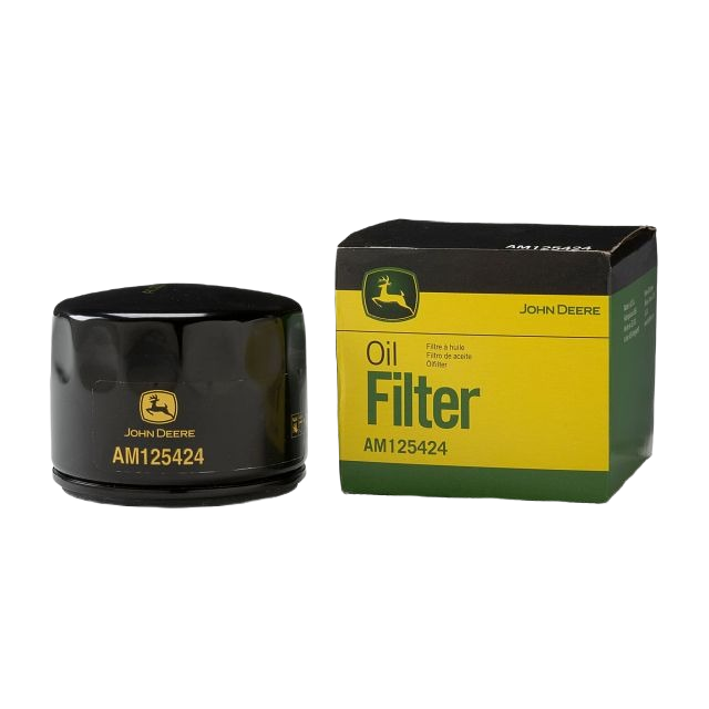 Black John Deere AM125424 oil filter with matching branded yellow and green packaging for automotive fluids and lubricants