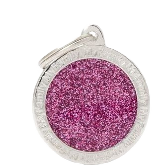 Round metallic ID tag with pink glitter center and key ring attachment for pet identification