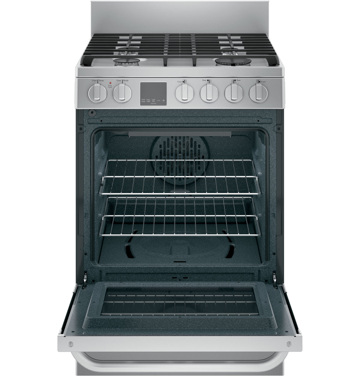 Front view of open stainless steel gas range with convection oven and control knobs in appliances collection