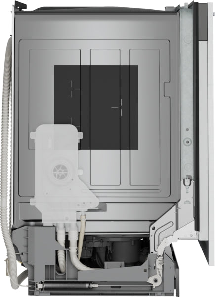 Internal components view of a 24-inch dishwasher showcasing water connections and mechanical parts for kitchen appliance use