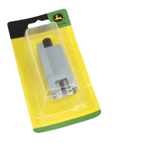 Gray replacement seat switch with black button housed in branded yellow and green packaging for tools and home improvement use