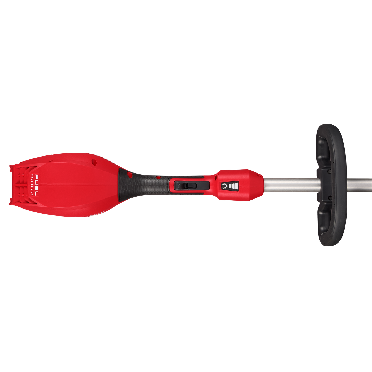 Red and silver cordless trimmer motor housing with black ergonomic rear handle and metal shaft for home improvement tasks