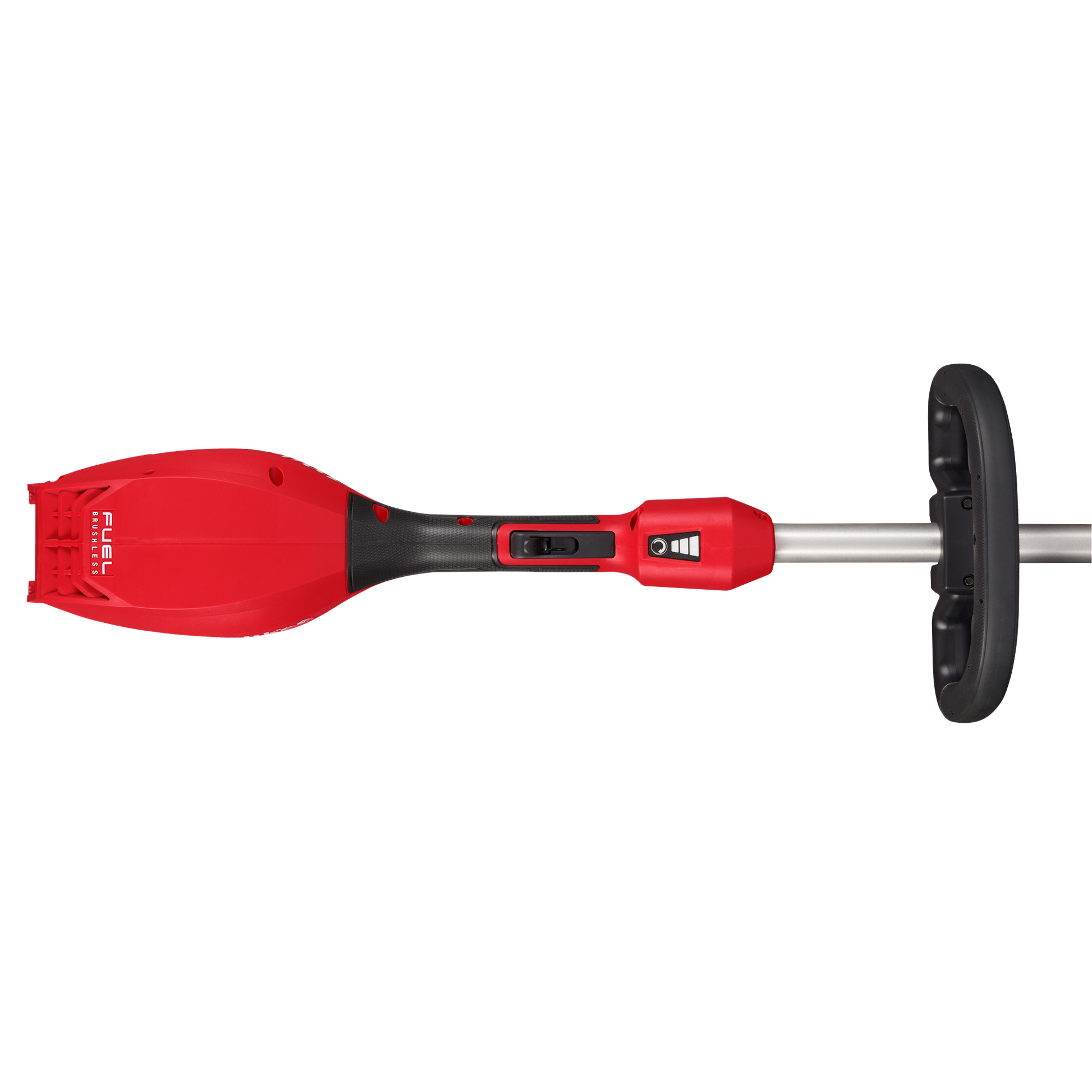 Red and silver cordless trimmer motor housing with black ergonomic rear handle and metal shaft for home improvement tasks