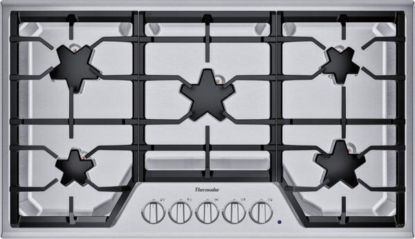 36-inch stainless steel gas cooktop with five sealed burners and continuous cast iron grates from Cooktops collection