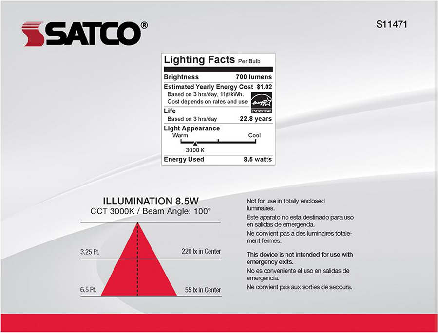 Energy-efficient 8.5-watt LED bulb with 3000K warm light, 700 lumens, 100° beam angle for home lighting projects under $50.