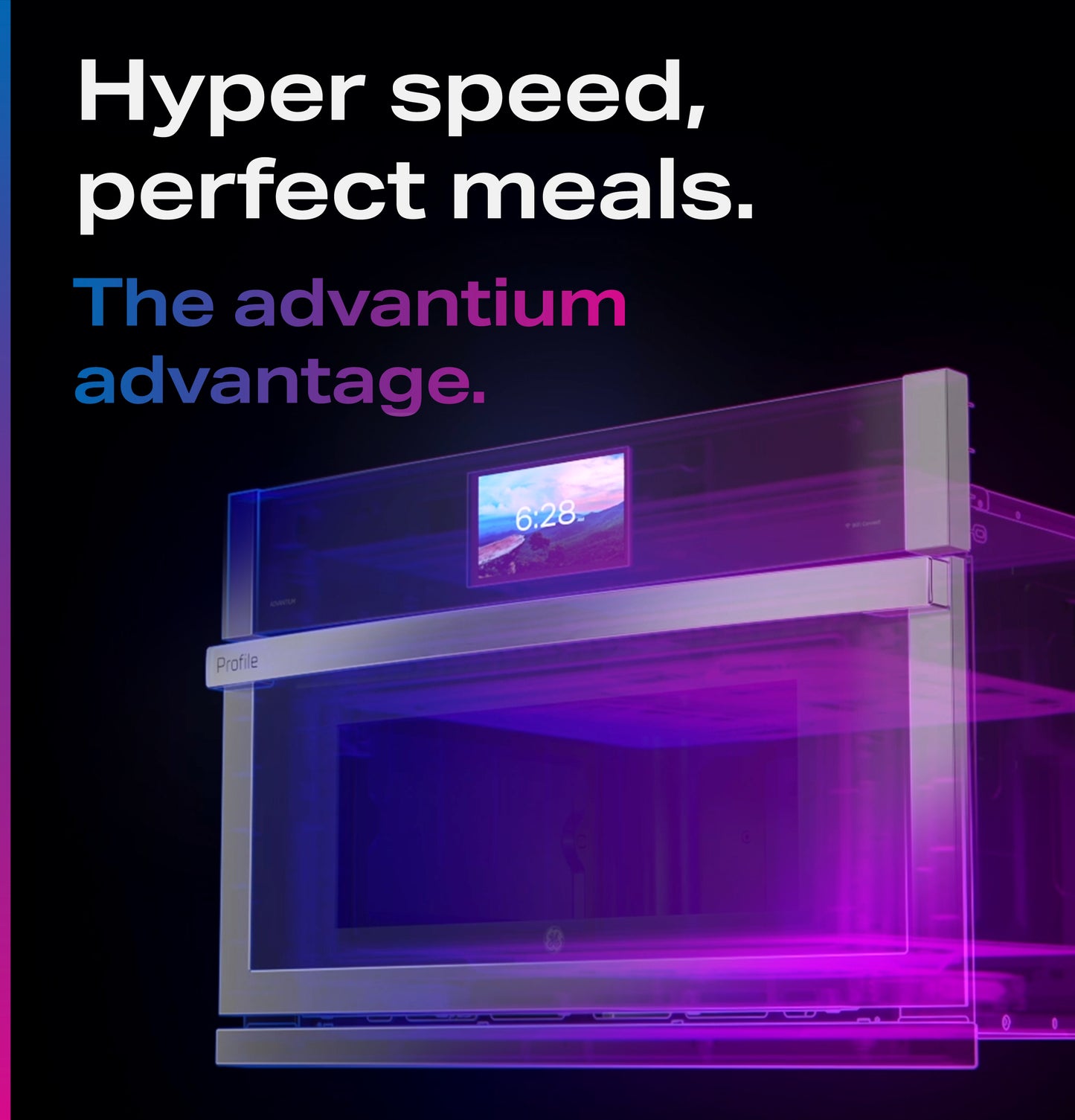 Transparent overlay showing sleek stainless steel GE Profile wall oven with digital display and advanced cooking technology features