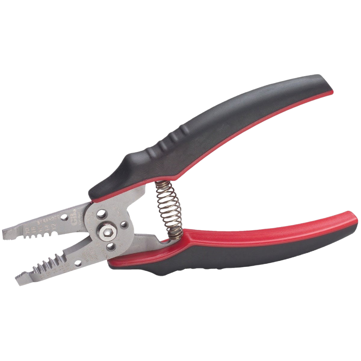 Wire stripper with cushioned black and red handles for stripping and cutting wires in tools and home improvement tasks